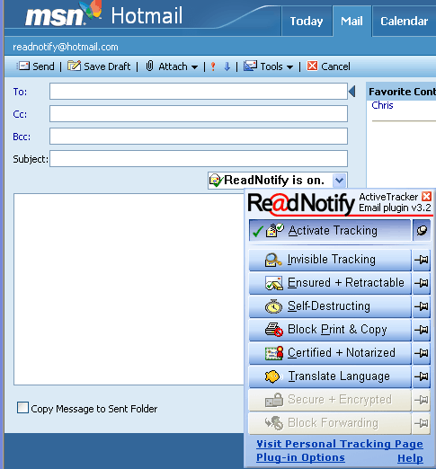 Hotmail Screen shot of the SelfDestructing Plugin